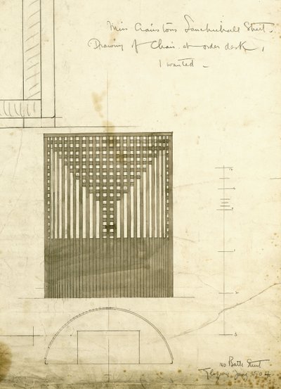 订购服务台椅子的设计，如正视图和平面图所示，1904年 作者 查尔斯·雷尼·麦金托什