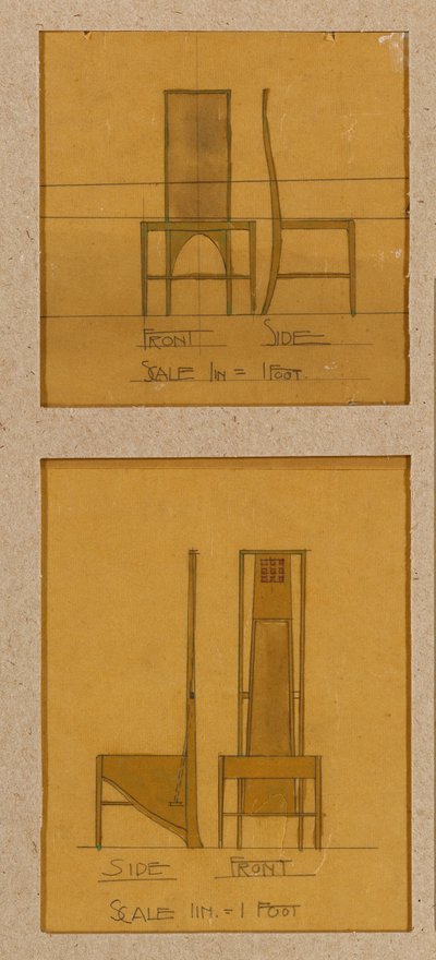 豪华客房，柳树茶室的正面和侧面展示的椅子设计 作者 查尔斯·雷尼·麦金托什