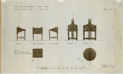 1909年为英格拉姆街茶室设计的正面和侧面写字桌设计 作者 查尔斯·雷尼·麦金托什