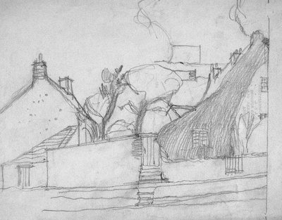 英国村庄草图与茅草屋顶在前景，c.1920 作者 查尔斯·雷尼·麦金托什