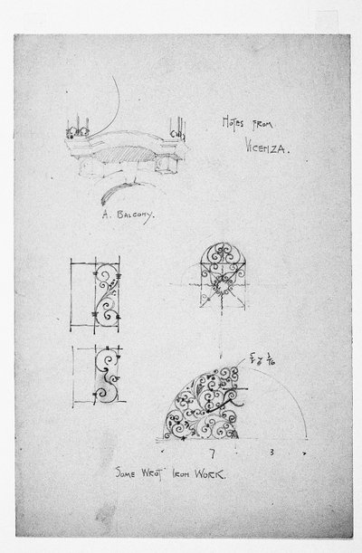 维琴察，在左边的一个阳台，下面是一些Wrot [sic] Iron Work，1891 作者 查尔斯·雷尼·麦金托什