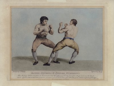 1790 年 9 月 29 日，英国拳击手丹尼尔-门多萨（Daniel Mendoza）和理查德-汉弗莱斯（Richard Humphreys）在拳击比赛中（雕刻）。 作者 查尔斯·鲁本（后）莱利
