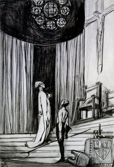 沃里克和刽子手，来自乔治萧伯纳的“圣琼”，1924年（木炭纸上） 作者 查尔斯·里基茨
