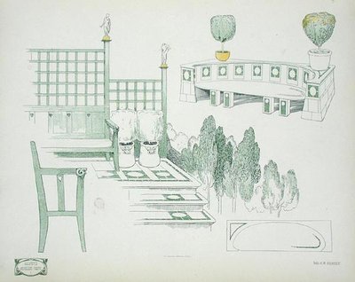座椅和梯田的细节，20世纪初，来自《现代建筑文件》（彩色平印）。 作者 查尔斯·罗伯特·阿什比