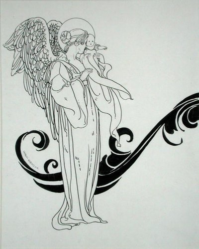 天使和婴儿，来自《安徒生童话》的插图，1899年出版（纸上笔墨）。 作者 查尔斯·罗宾逊