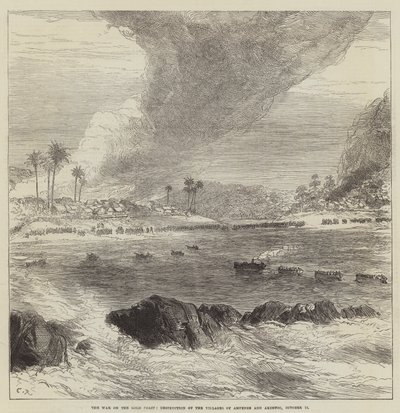 10月14日，黄金海岸战争，Ampenee和Akimfoo村庄遭到破坏 作者 Sir John Charles Robinson