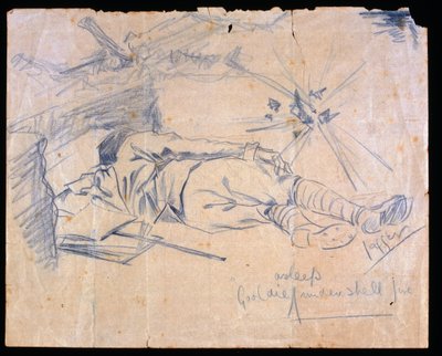 Leslie Gooldie中尉在炮弹下睡着了，1915年 作者 查尔斯·谢尔盖特·贾格尔