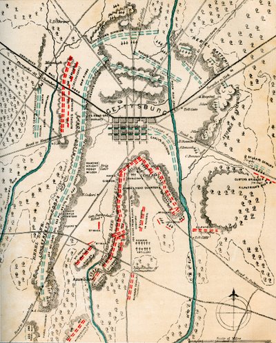 宾夕法尼亚州葛底斯堡战役地图，1863年7月1日至3日，1862-1867。 作者 查尔斯·肖尔