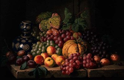 有水果和蓝色花瓶的静物（布面油画） 作者 查尔斯·托马斯·贝尔