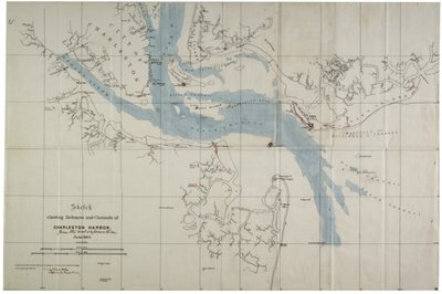 素描展示了查尔斯顿港的防御和通道，1864年6月（油布上的油墨） 作者 查尔斯·巴特尔