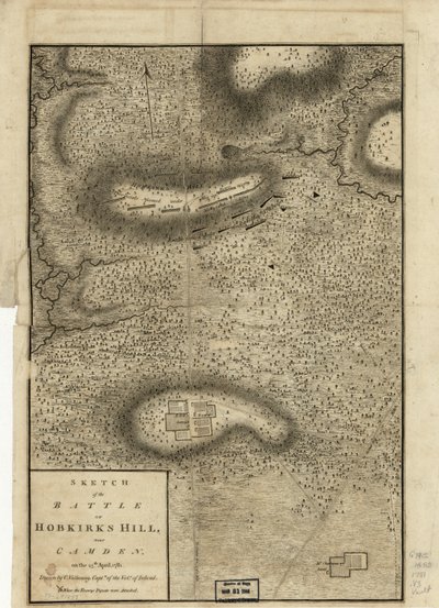 1781年4月25日在卡姆登附近的霍布斯克山战役的草图，于1794年在伦敦出版 作者 查尔斯·瓦朗西