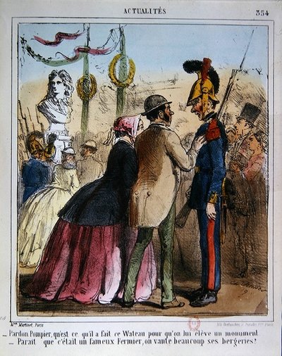 嘲笑竖立华托纪念雕像的漫画，约1870年（彩色平印）。 作者 查尔斯·韦尼尔