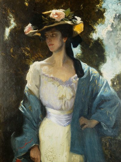 弗朗西丝·约瑟芬·弗斯（Frances Josephine Furse）的肖像，画家的修女，身穿蓝色东方夹克，1903年 作者 查尔斯·威灵顿·弗斯