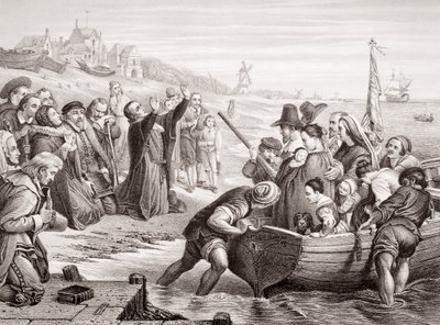 1620年7月，从“英国和苏格兰历史插图”第一卷（雕刻）中，朝圣者父亲离开代尔夫特港 作者 查尔斯·韦斯特·科普