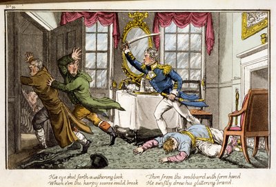 他的眼睛从一名海军军官酒吧的“船长历险记”中迸发出一种萎缩的表情。 1820年（手工彩色） 作者 查尔斯·威廉姆斯