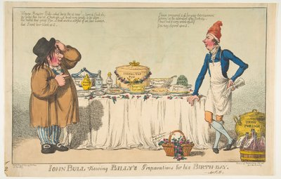 约翰·布尔（John Bull）观看比利（Billys）的生日准备，1802年5月18日。 作者 查尔斯·威廉姆斯