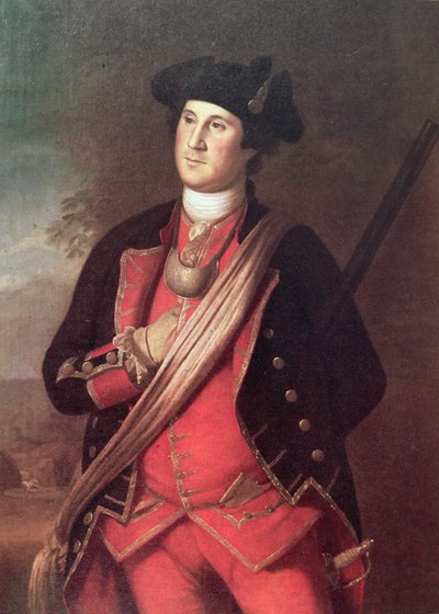 乔治-华盛顿在法印战争（1755-63）期间身着弗吉尼亚民兵上校的制服（彩色平印）。 作者 查尔斯·威尔森（后）皮尔
