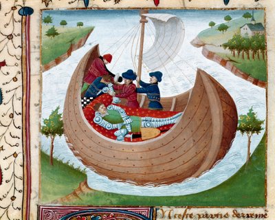 海葬微型画，选自 1440-1460 年缅因的查尔斯大师创作的 "Romanesque du Chevalier Tristan"。尚蒂伊，孔德博物馆--圆桌骑士的海葬--选自缅因的查尔斯大师创作的《罗马式骑士特里斯坦》的微缩画 作者 查尔斯杜缅因州大师