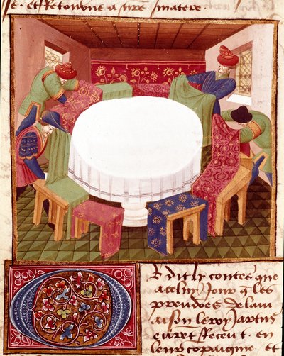 微型骑士抵达时的圆桌准备人员，选自 Charles de Maine 大师的《Romanesque du Chevalier Tristan》（贝鲁尔版）。1440-1460.尚蒂伊，康德博物馆 作者 查尔斯杜缅因州大师