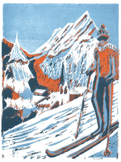 Ski, 2015, linoprint 作者 夏洛特奥尔