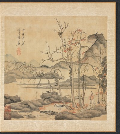 古代大师之后的绘画：道家和起重机在秋天的风景，1598-1652年。 作者 陈洪寿