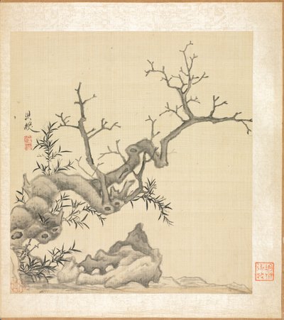 古代大师的画作：岩石、古树和竹子 作者 陈洪寿