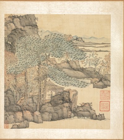 古代大师的画作：学者在瀑布边的茅草屋中读书 作者 陈洪寿
