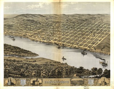 1869年堪萨斯州莱文沃思市的鸟瞰图 作者 芝加哥平版印刷公司