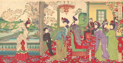 樱花中的优雅女士竞赛 Kaika kifujin kisoi, 9月..., 1887年9月。 作者 近信洋州