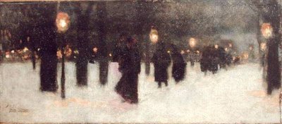 约 1885-86 年，冬日傍晚，穿过公地（油画，镶板） 作者 柴尔德·弗雷德里克·哈萨姆