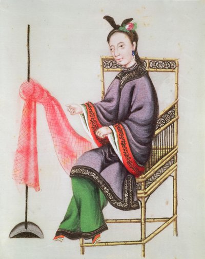 干隆时期（1736-96）中国妇女制渔网（纸上水粉） 作者 中文学校