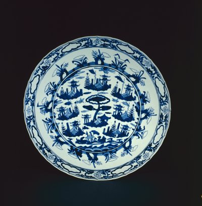 蓝色和白色的菜涂上岩石岛屿和亭台楼阁，万里或天琪，1600-25（瓷器） 作者 中文学校