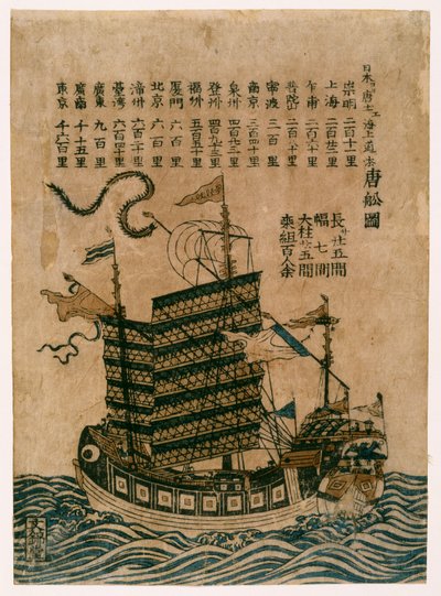 中国船（Tosen Zu），中国至日本的海上航线，1850年（彩色木版画） 作者 中文学校