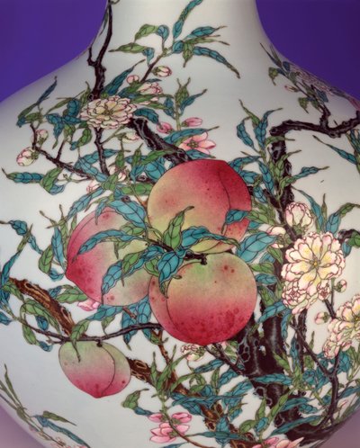 宏伟的粉彩玫瑰九桃球状花瓶的细节，1735-1795年 作者 中文学校