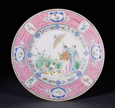 在Cornelis Pronk（1691-1759）干隆时期（1736-95）c.1734（瓷器）的设计之后，描绘了La Dame au Parason的Famille Rose绘制的餐盘 作者 中文学校