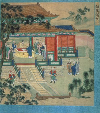Hsien Ti（f.189-220）与学者翻译古典文本，中国皇帝的历史（丝绸上的颜色） 作者 中文学校