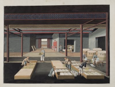 碗和盘子的装箱和包装，12个系列中的12个板块描绘了中国瓷器制造的过程，19世纪 作者 中文学校