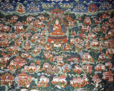 宗喀巴，坐在莲花上，被各种门徒包围 作者 中文学校