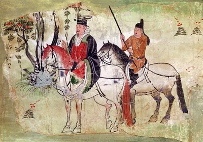 两个骑士在风景中，或Boddhisatva和他的Equerry，唐时期（彩绘石头） 作者 中文学校
