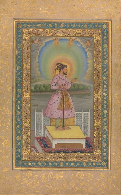 Shah Jahan在露台上，手持印有其肖像的吊坠，Folio...，1627-28。 作者 Chitarman