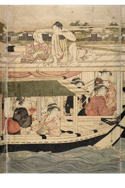 隅田川场景的横幅五联画的一部分 作者 Chobunsai eisi