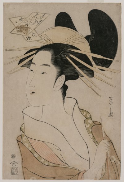 1790年代中期，拿着烟斗的妓女的画像。 作者 Chobunsai eisi