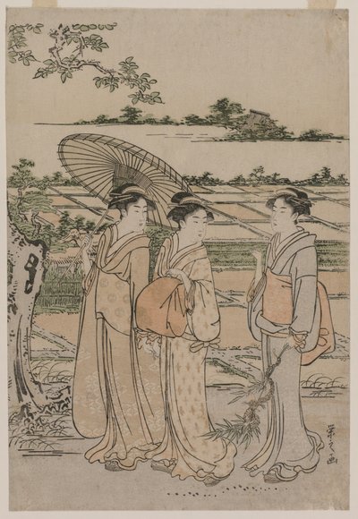 1780年代中期，三名妇女在农村漫步。 作者 Chobunsai eisi