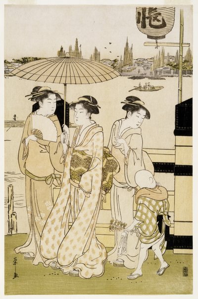 隅田川沿岸的三个女人和一个男孩，1788-89（木版画） 作者 Chobunsai eisi