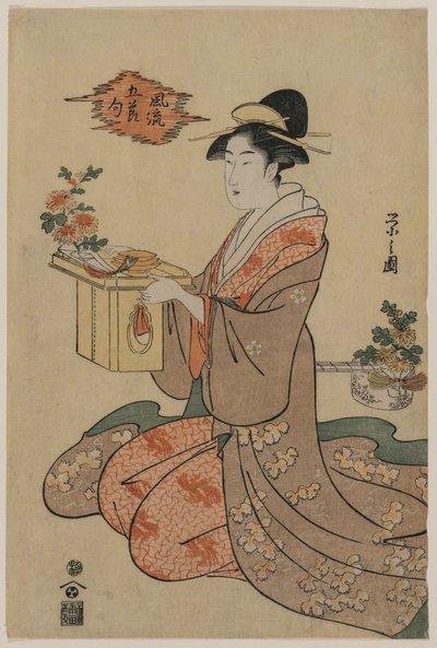 手持菊花装饰木杯架的女子（选自《五节雅集图》系列） 作者 Chobunsai Eishi