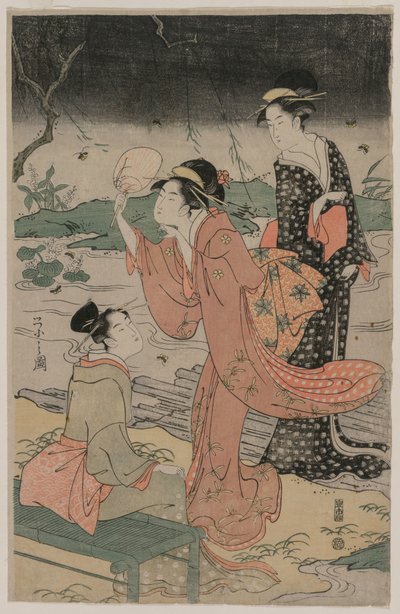 1790年代中期，女性在溪流旁追逐萤火虫。 作者 Chobunsai eisi
