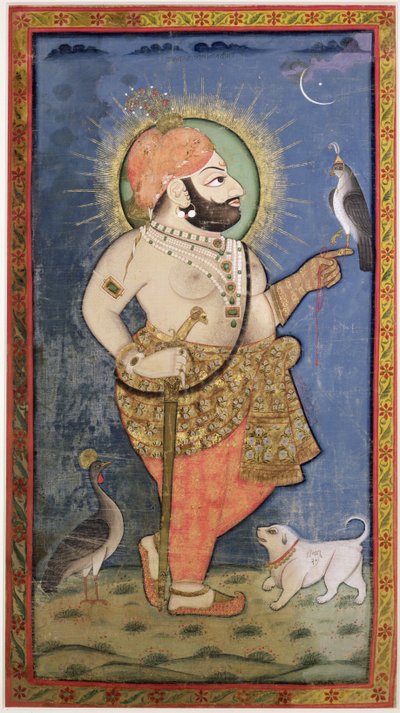 Mewar的Maharana Bhim Singh与鹰，Udaipur（Mewar）拉贾斯坦邦，1805年（布上金色的水粉） 作者 乔卡