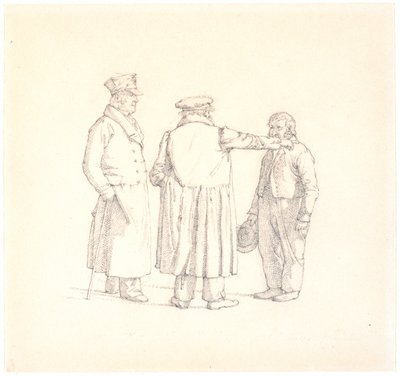 三个人在交谈；面包师 Købke 面朝后坐在中间，Krohn 少校在左边，奴隶中士 Sprøch 在右边。 作者 克里斯汀·科布（ChristenKøbke）