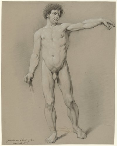 男性裸体站立，从正面看，左臂向左侧伸展 作者 克里斯蒂安·安德里森