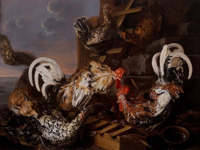 狐狸攻击矮脚鸡的农家场景 作者 Christiaan Luykx or Luycks